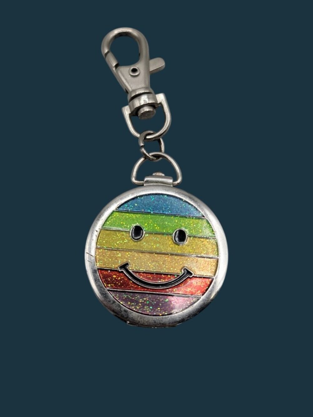 Vtg Prima Donna Keychain Pocket Watch Clip On Rainbow Smiley Face Charm Quartz - Picture 2 of 5